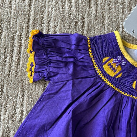NWT LIL CACTUS ~ SMOCKED FOOTBALL DRESS ~ sz.18-24mos. ~ LSU COLORS ~ BOWS - Picture 3 of 7